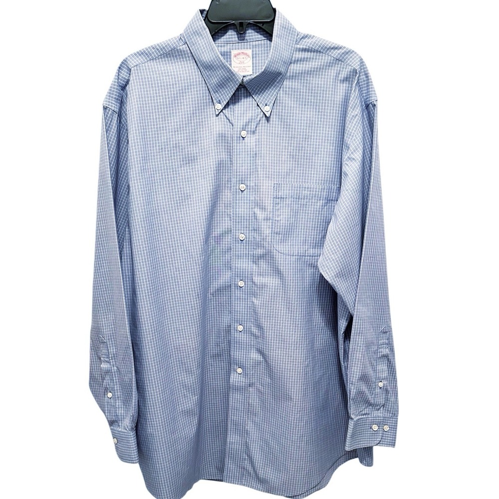Brooks Brothers Button Down Shirt 17.5 4/5 Blue White Check No Iron Dress Oxford